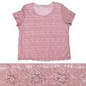 Vtg Pink Lace Textured Flower Stretchy Short Sleeve Top Lined Feminine Twee 1X